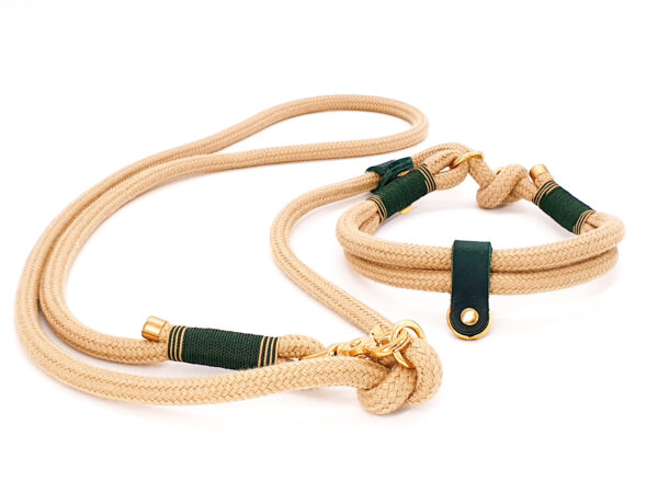 LYS DU CAVALIER – RETRIEVERLEINE. TAU UND FETTLEDER. ZWEIFACH VERSTELLBAR. GETAKELTES, DOPPELT GELEGTES HALSBAND. MIT ENDKAPPEN. (IN 8 FARBEN ERHÄLTLICH)